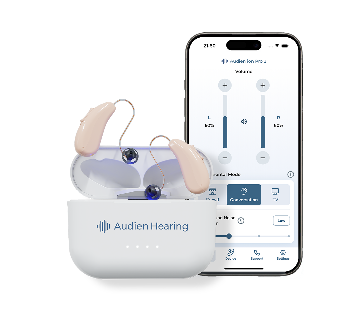 Hearing aids with a smartphone displaying the Audien Hearing app on a white background